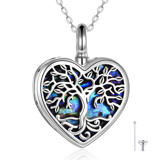 Collana con urna per ceneri in argento sterling con albero della vita e cuore in conchiglia Abalone con parola incisa