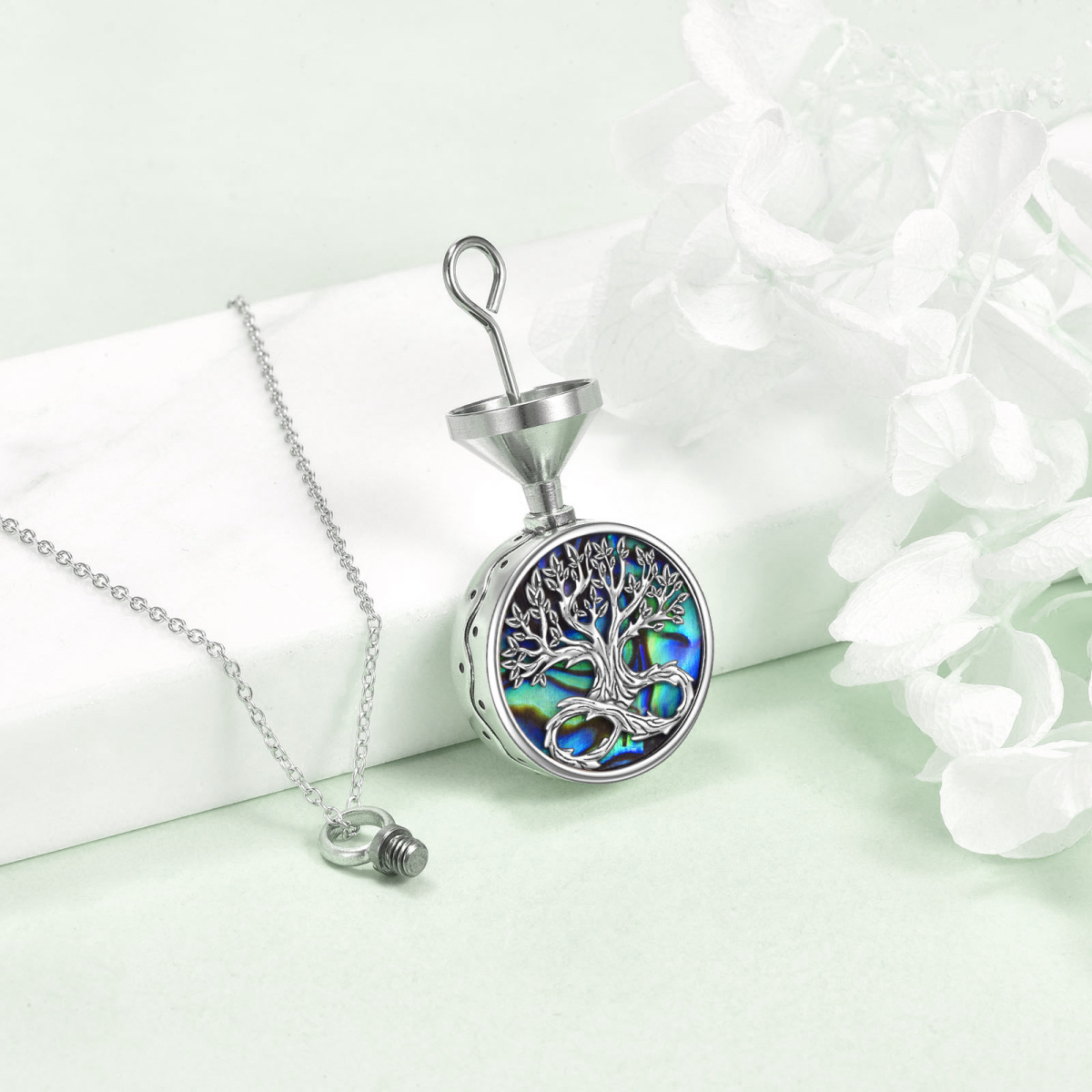 Collar de plata de ley Abalone Shellfish Tree Of Life & Infinity Symbol Urn para cenizas-3