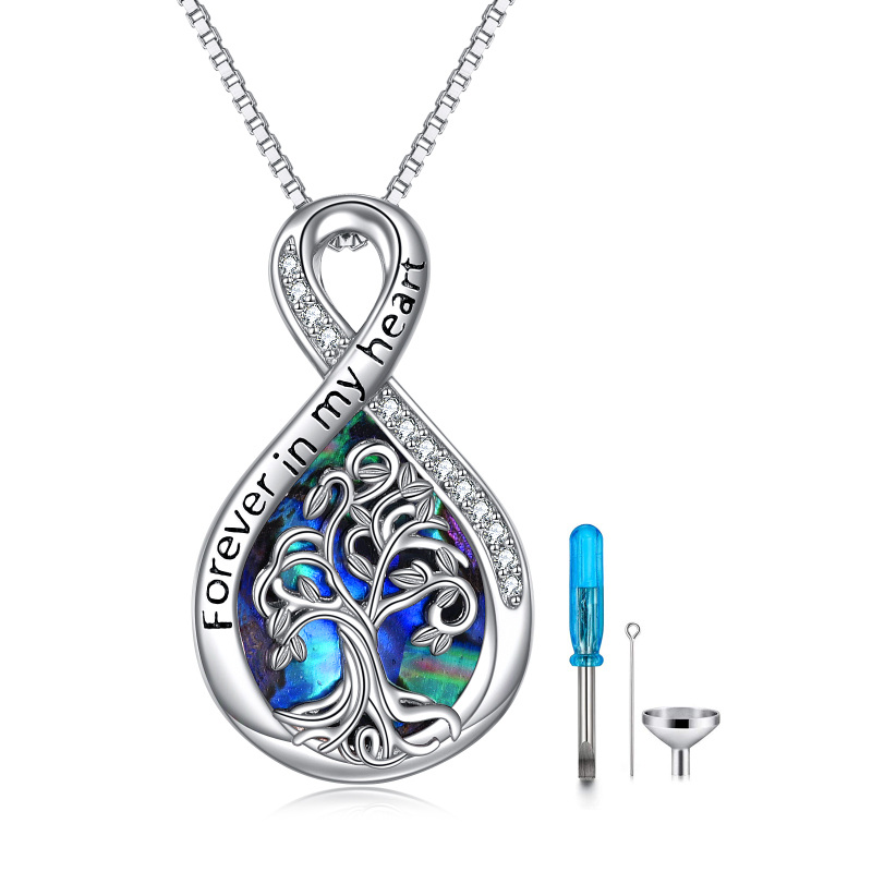Collar de plata de ley Abalone Shellfish Tree Of Life & Infinity Symbol Urn con palabra gr-4