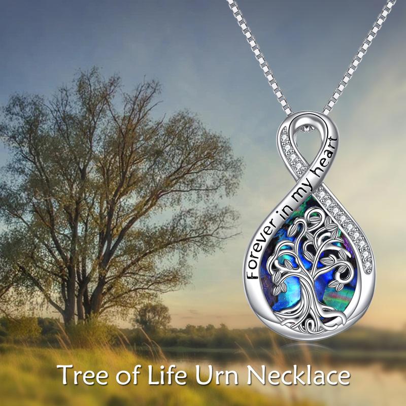 Collar de plata de ley Abalone Shellfish Tree Of Life & Infinity Symbol Urn con palabra gr-3