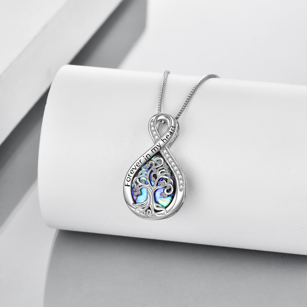 Sterling Silver Abalone Shellfish Tree Of Life & Infinity Symbol Urn Necklace for Ashes with Engraved Word-4