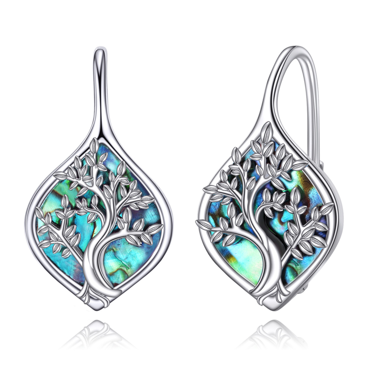 Boucles d'oreilles à levier en argent sterling avec coquillages d'ormeau et arbre de vie-1