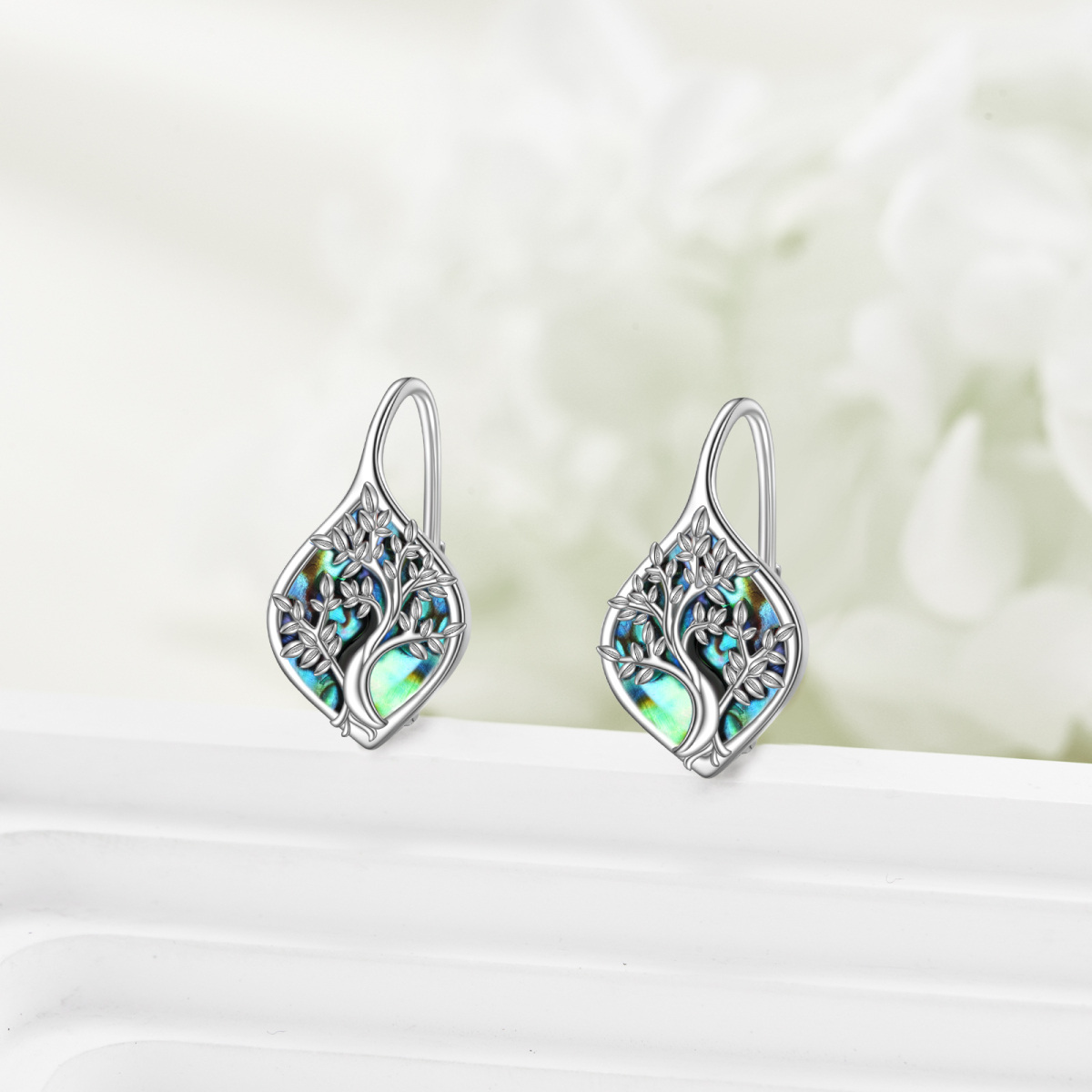 Pendientes de plata de ley Abalone Shellfish Tree Of Life Lever-back-4