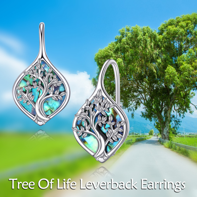 Boucles d'oreilles à levier en argent sterling avec coquillages d'ormeau et arbre de vie-6