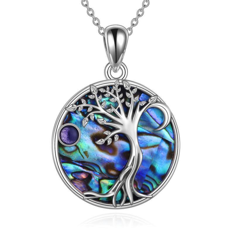 Sterling Silver Abalone Shellfish Tree Of Life & Moon Pendant Necklace-1