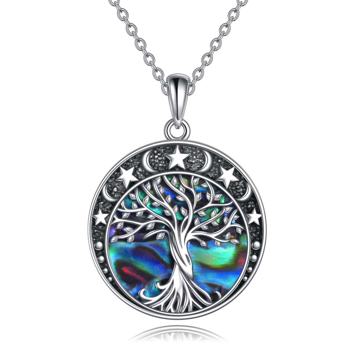 Sterling Silver Abalone Shellfish Tree Of Life & Moon Pendant Necklace-1