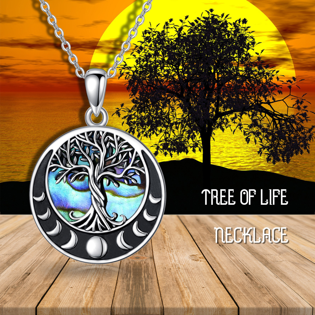 Collier en argent sterling avec pendentif Abalone Shellfish Tree Of Life & Moon (arbre de-3