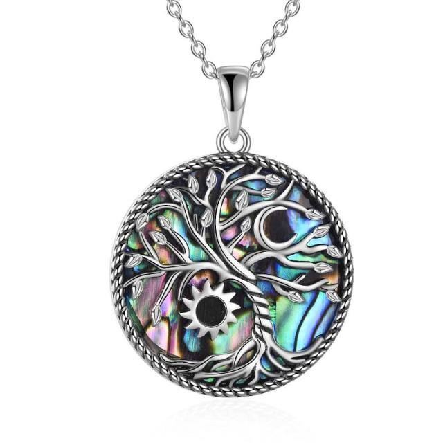 Sterling Silber Abalone Muscheln Baum des Lebens & Mond & Sonne Anhänger Halskette