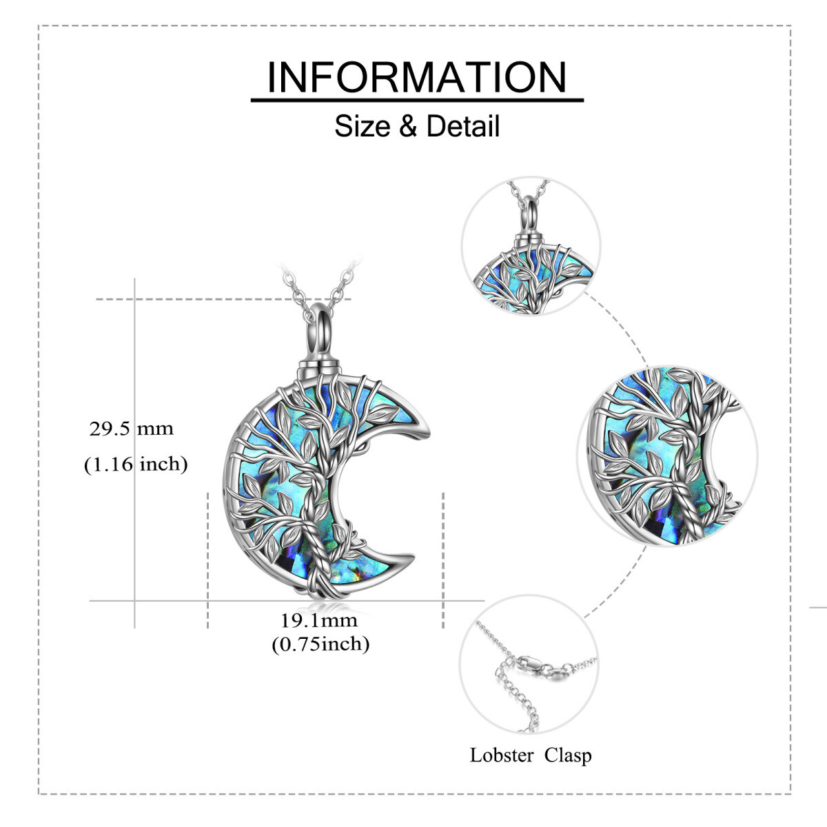 Collar de plata de ley Abalone Shellfish Tree Of Life & Moon Urn para cenizas-6