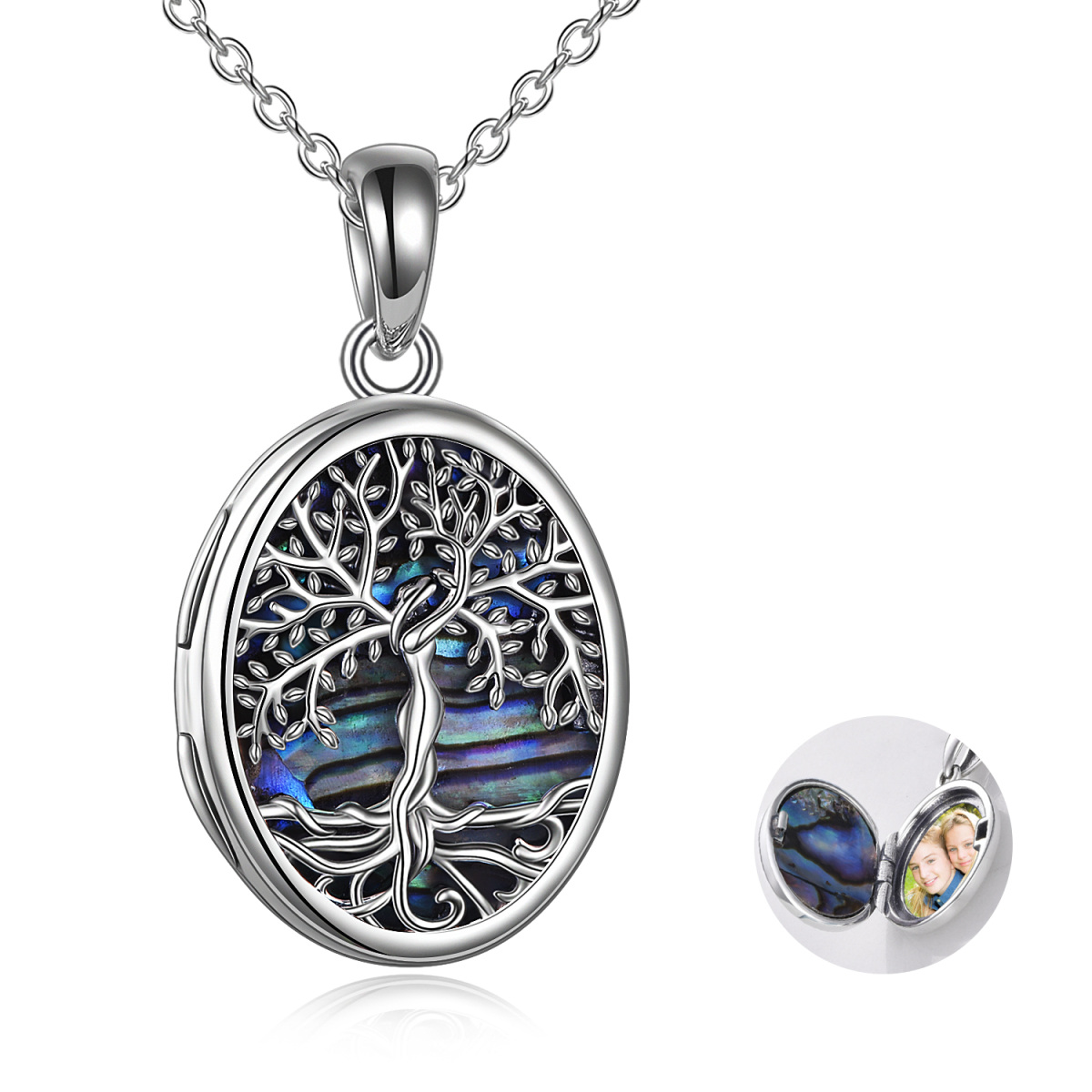 Sterling Silver Abalone Shellfish Tree Of Life Oval Shaped Personalized Photo Locket Necklace-1