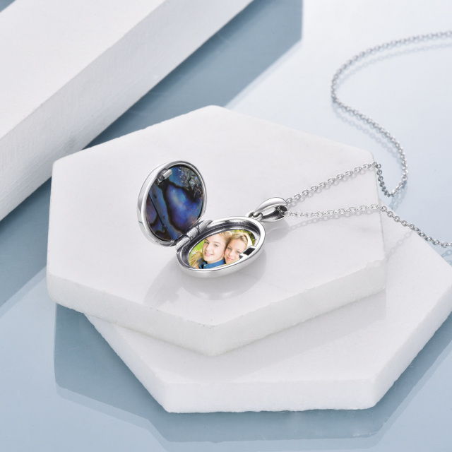 Sterling zilveren Abalone schelpdieren levensboom ovaal gevormde gepersonaliseerde fotozakje ketting-4