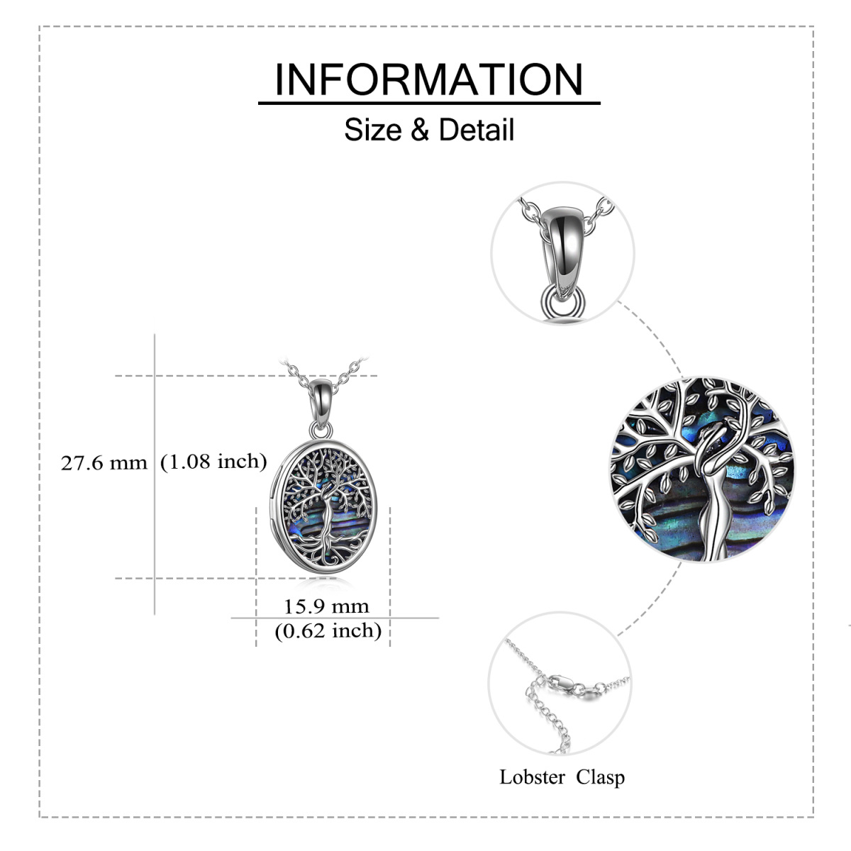 Plata de ley Abalone Shellfish Tree Of Life Oval Shaped Personalized Photo Locket Necklace-5