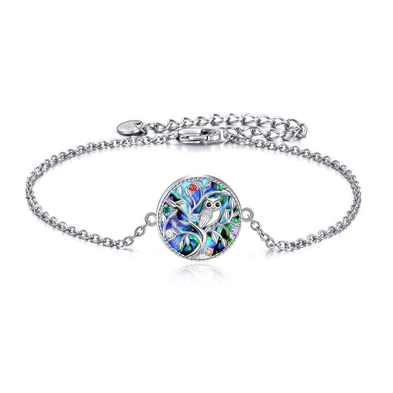 Prata esterlina Abalone Shellfish Tree Of Life & Owl with Birthstone Pendant Bracelet-18