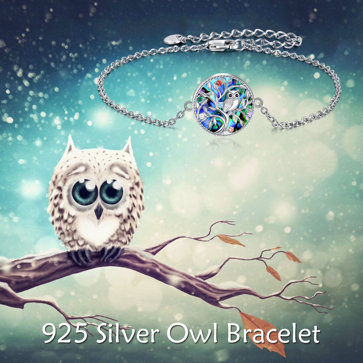 Pulsera con colgante de plata de ley Abalone Shellfish Tree Of Life & Owl with Birthstone-6