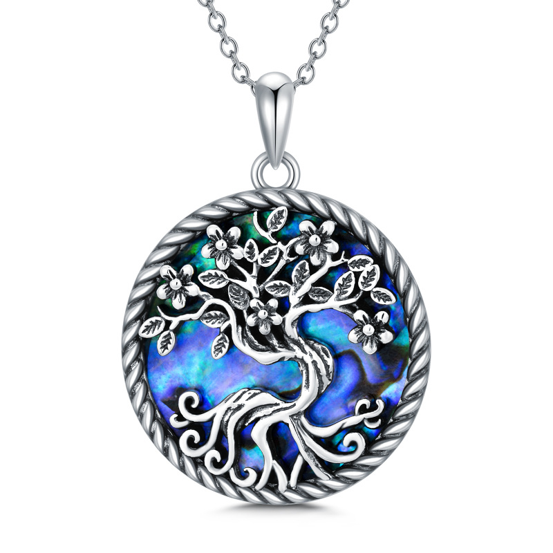 Sterling Silver Abalone Shellfish Tree Of Life Peach Blossom Pendant Necklace-12