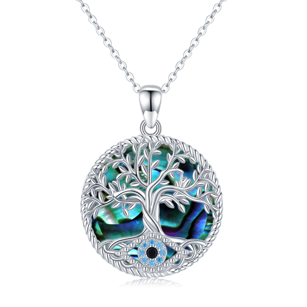 Sterling Silver Abalone Shellfish Tree Of Life Pendant Necklace-1