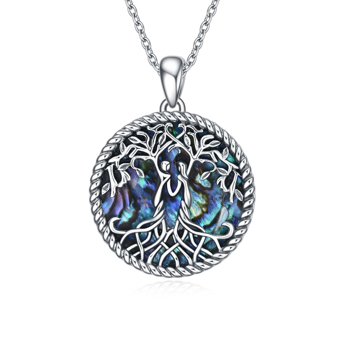 Sterling Silver Abalone Shellfish Tree Of Life Pendant Necklace-1