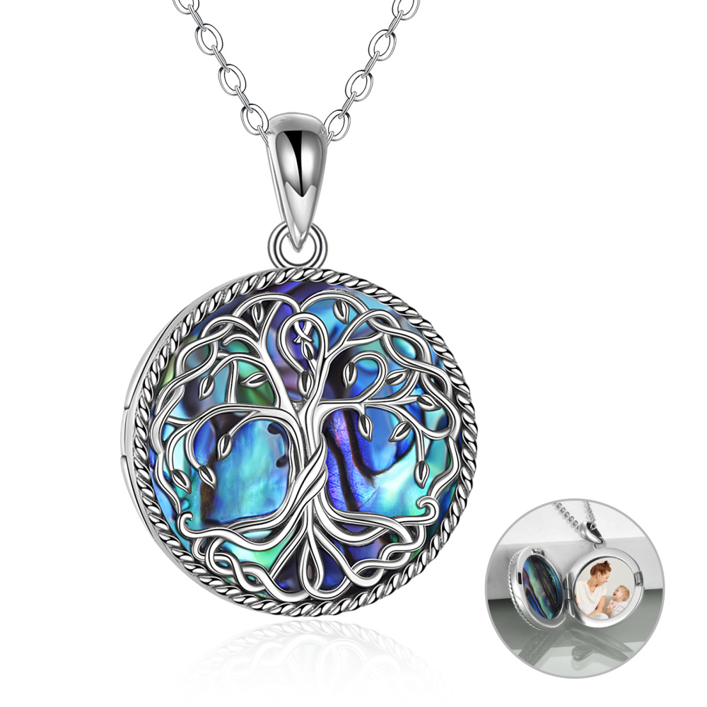 Colar com medalhão fotográfico personalizado, árvore da vida, abalone, marisco, prata esterlina, com palavra gravada-1