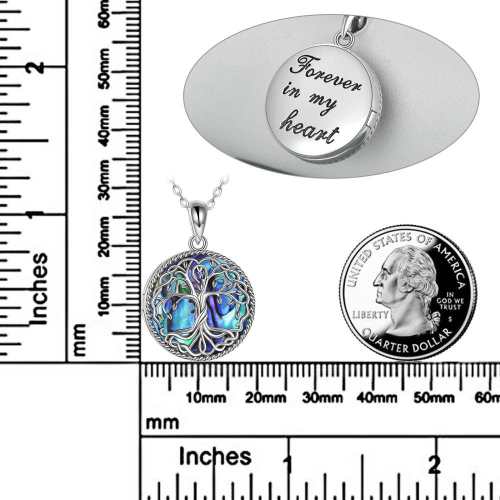 Colar com medalhão fotográfico personalizado, árvore da vida, abalone, marisco, prata esterlina, com palavra gravada-3