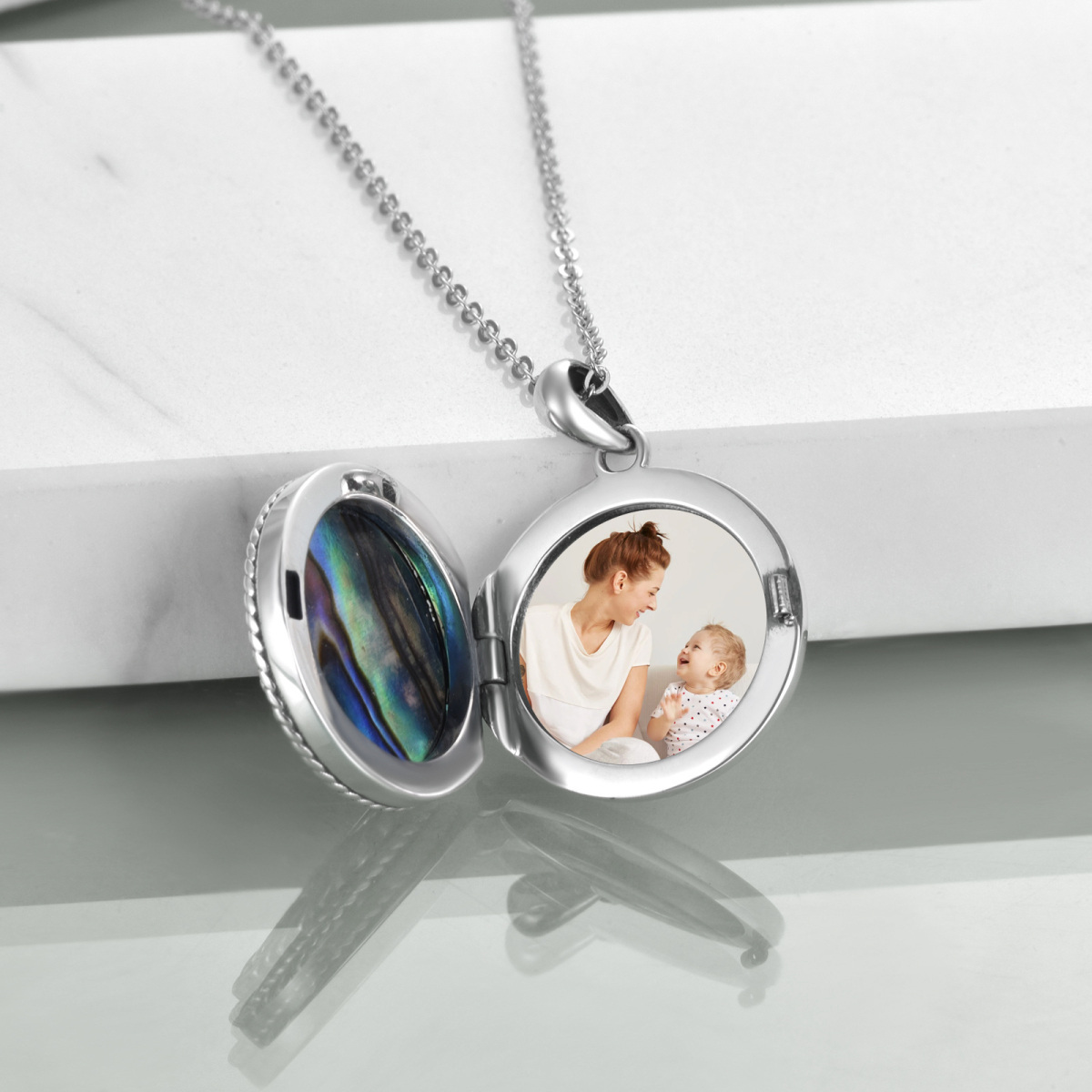 Collar con medallón con foto personalizado del árbol de la vida de mariscos de abulón de plata de ley con palabra grabada-5