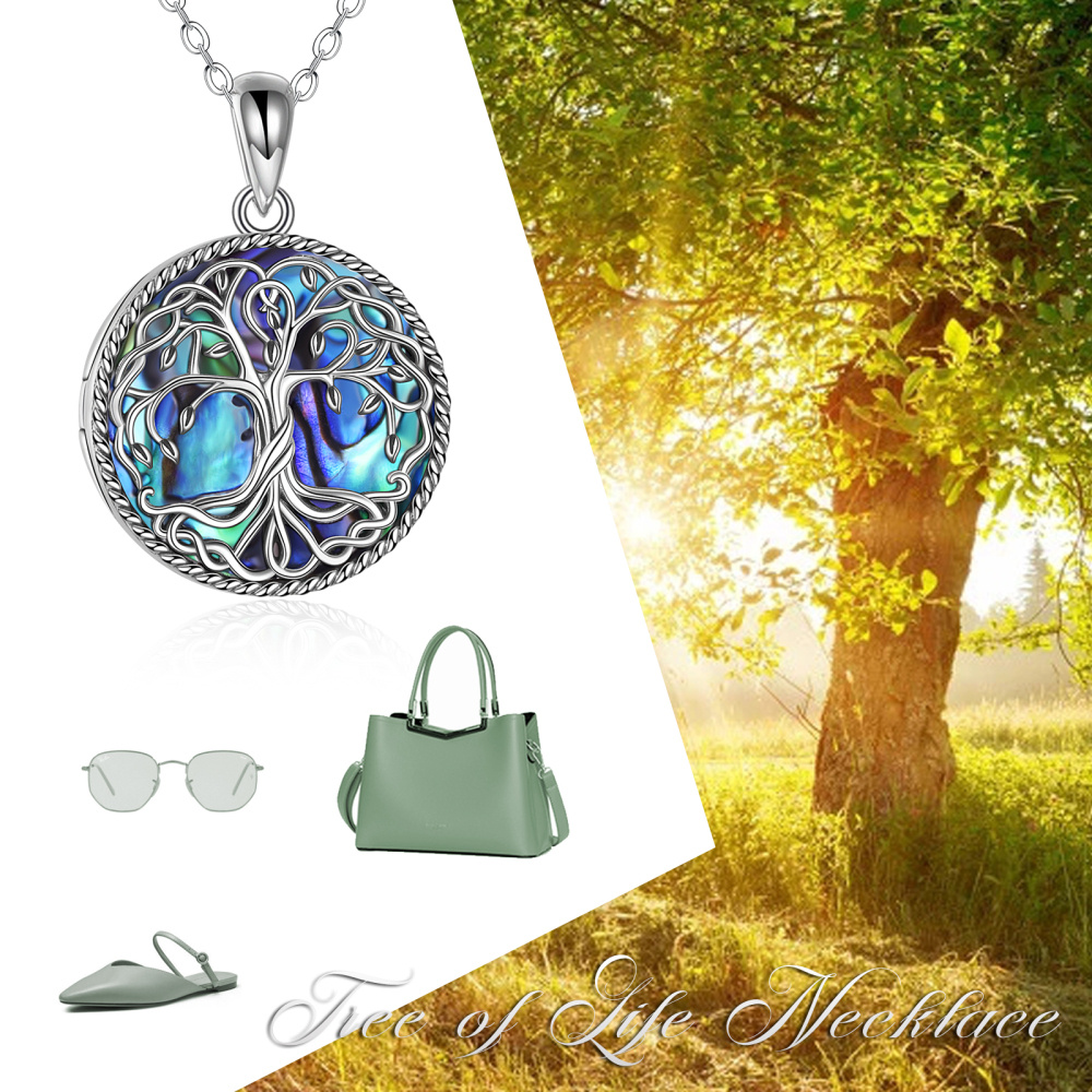 Colar com medalhão fotográfico personalizado, árvore da vida, abalone, marisco, prata esterlina, com palavra gravada-6