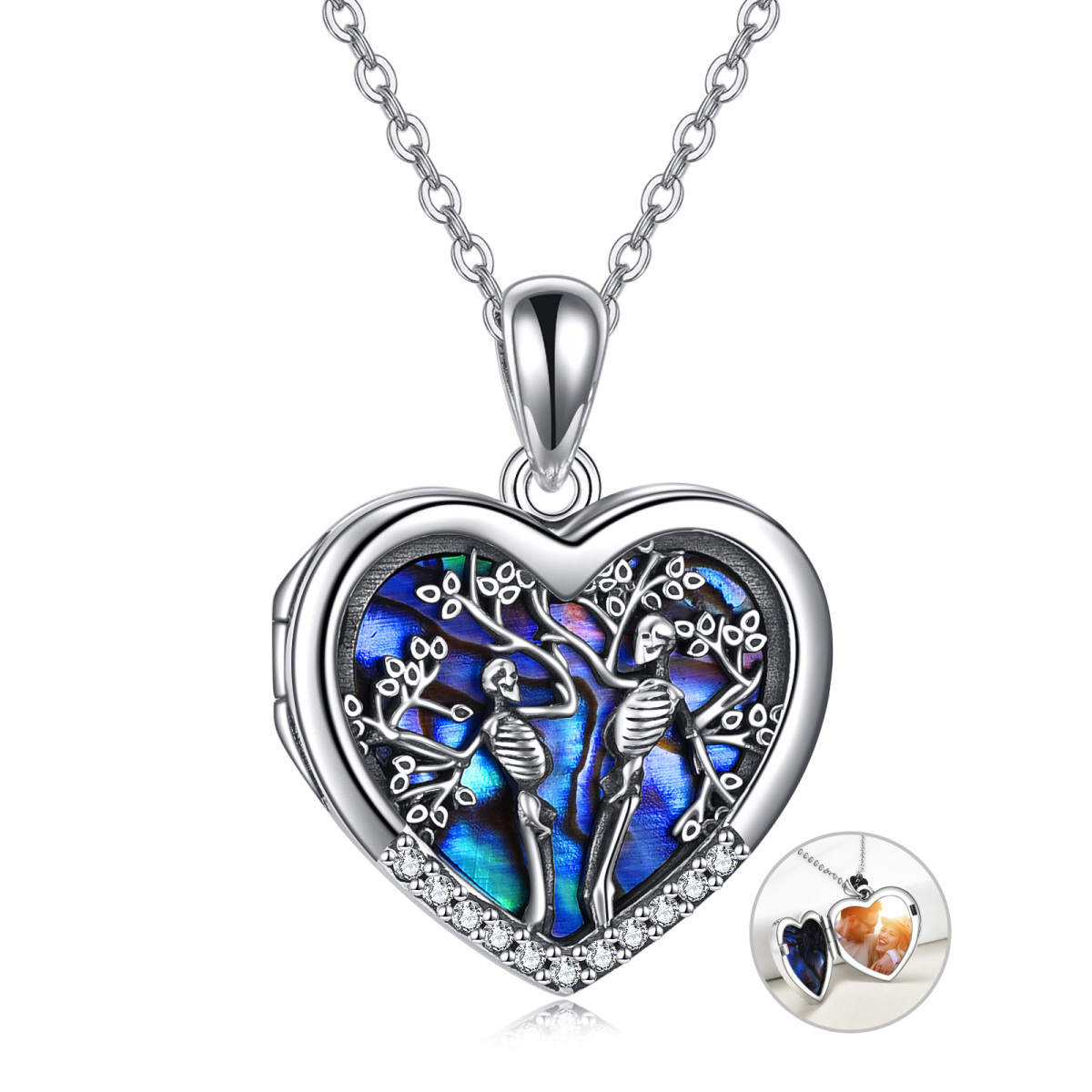 Sterling Silver Abalone Shellfish Tree Of Life With Skull Personalized Photo Locket Necklace With Engraved Word For Women Best Friend-1