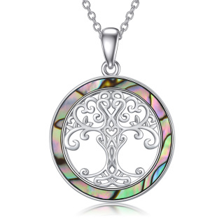 Sterling Silver Abalone Shellfish Tree Of Life & Round Pendant Necklace-25