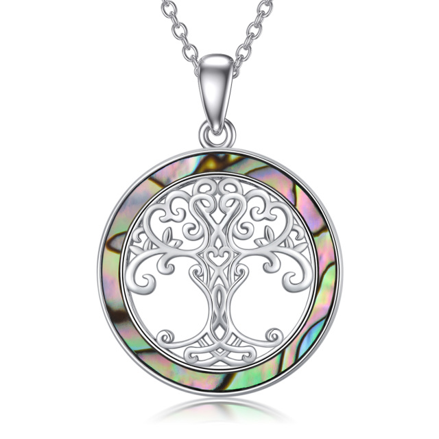 Sterling Silver Abalone Shellfish Tree Of Life & Round Pendant Necklace