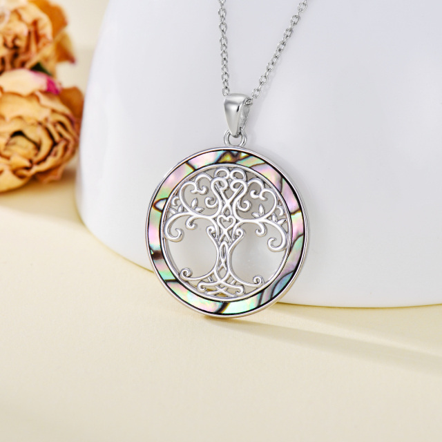 Sterling Silver Abalone Shellfish Tree Of Life & Round Pendant Necklace-2