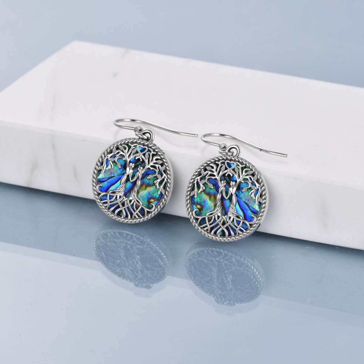 Brincos de prata esterlina com marisco Abalone Tree Of Life & Sisters Drop Earrings-3