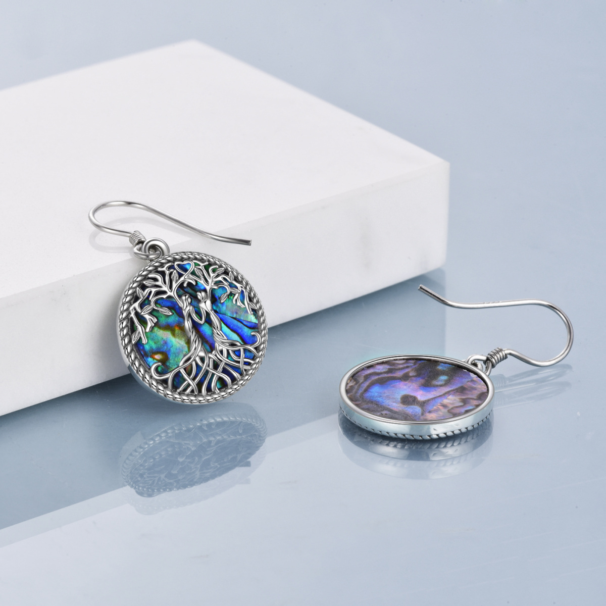 Brincos de prata esterlina com marisco Abalone Tree Of Life & Sisters Drop Earrings-4