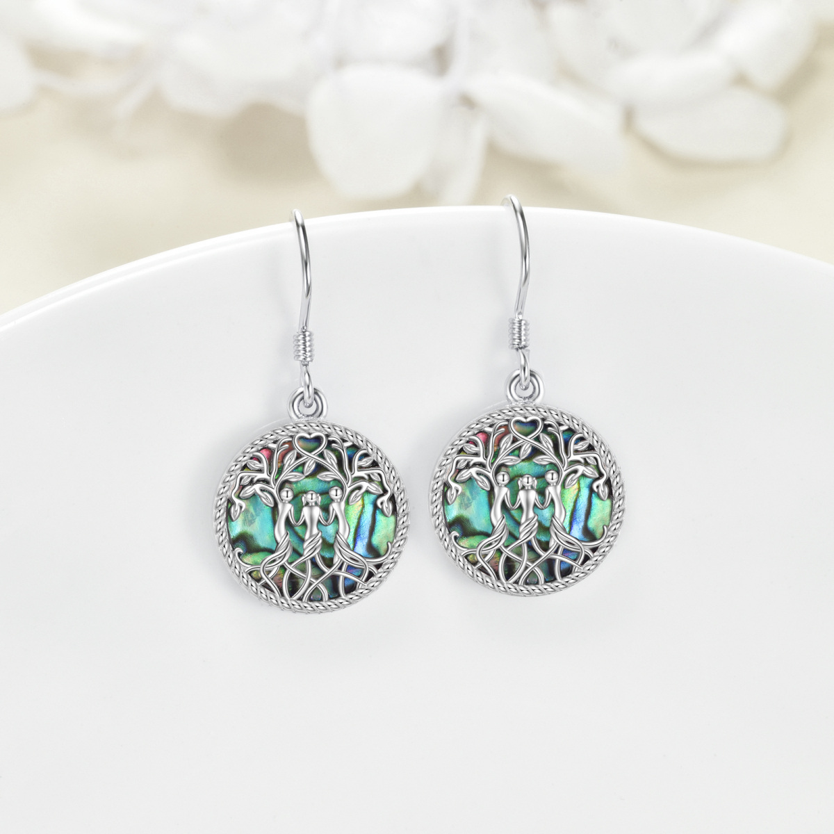 Sterling Silver Abalone Shellfish Tree Of Life Sisters Drop Earrings for Women-3