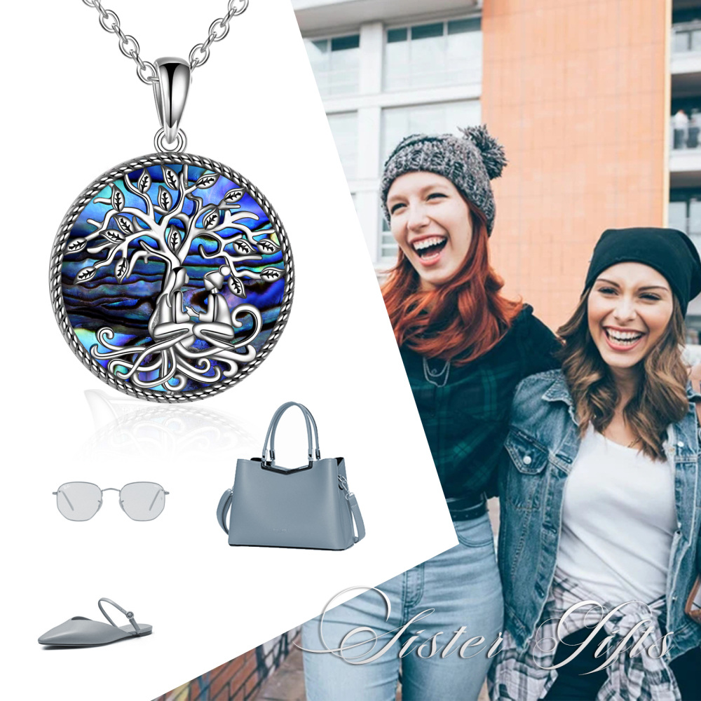 Sterling Silver Abalone Shellfish Tree Of Life & Sisters Pendant Necklace-6