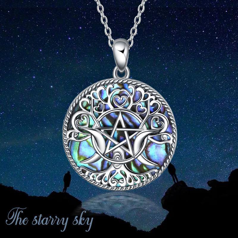 Sterling Silver Abalone Shellfish Tree Of Life & Triple Moon Goddess Pendant Necklace-3