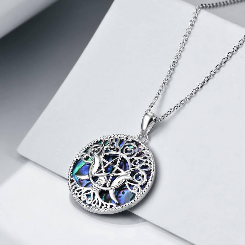 Sterling Silver Abalone Shellfish Tree Of Life & Triple Moon Goddess Pendant Necklace-5