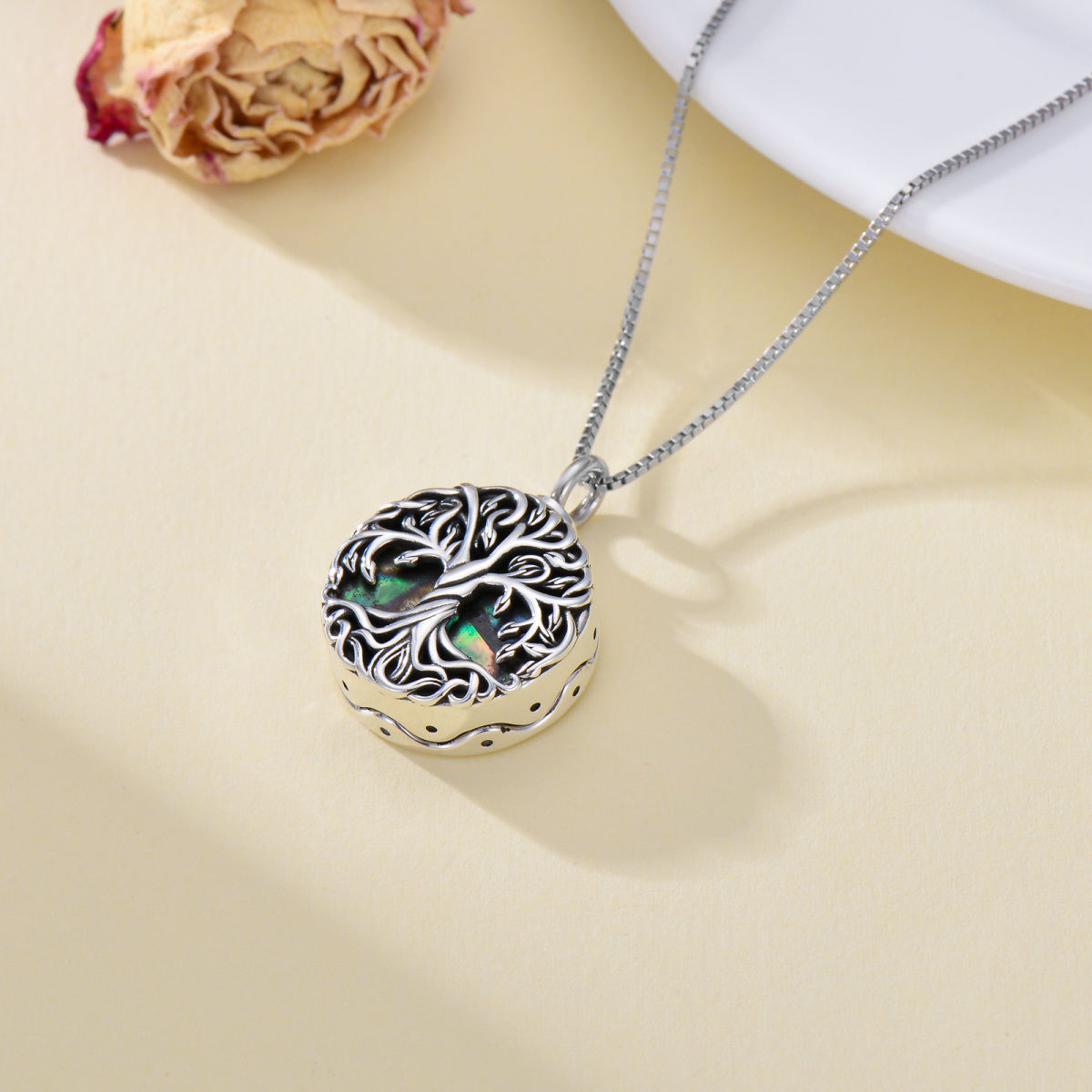 Collana con urna per le ceneri in argento sterling, conchiglia di Abalone e albero della vita-4