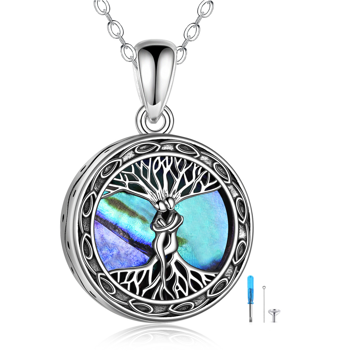 Plata de ley Abalone Shellfish Tree Of Life Urna collar con palabra grabada-1