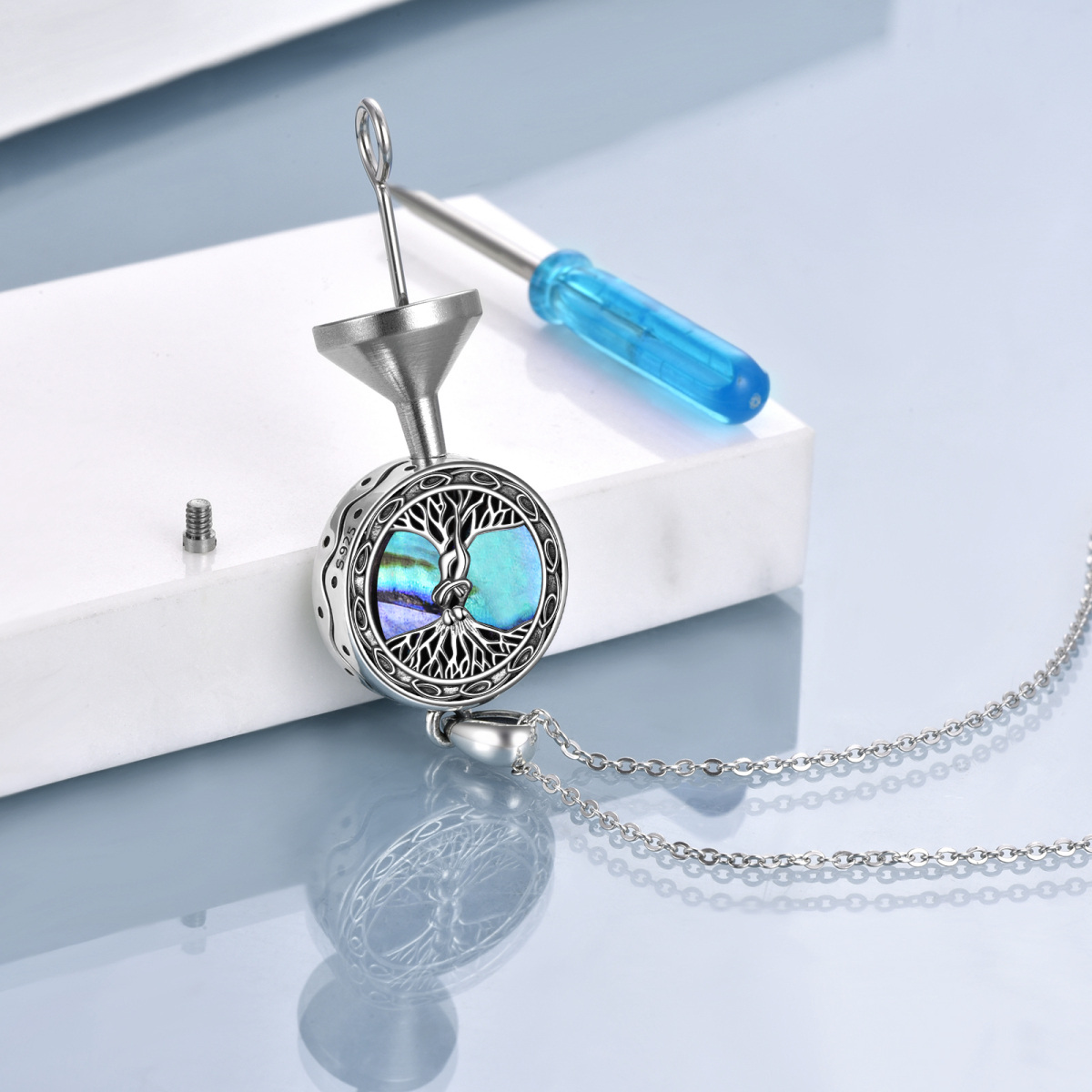 Sterling Silver Abalone Shellfish Tree Of Life Urn Necklace for Ashes with Engraved Word-2