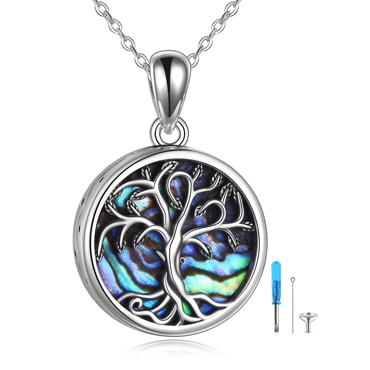 Collier en argent sterling pour cendres avec mot gravé Abalone Shellfish Tree Of Life Urn Necklace-1