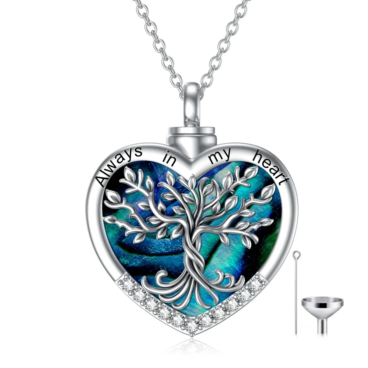 Collar de plata de ley con forma de corazón, abulón, mariscos, árbol de la vida, urna para cenizas-1