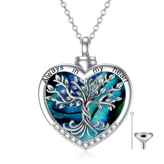 Collana con urna dell'albero della vita in argento sterling con cuore di abalone e crostacei per ceneri