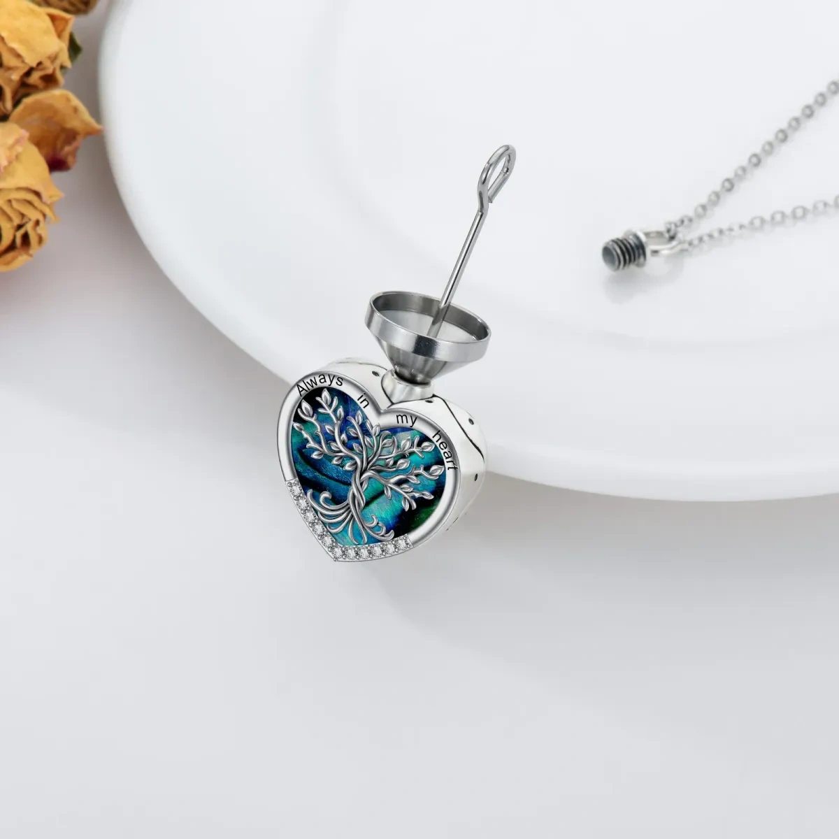 Collana con urna dell'albero della vita in argento sterling con cuore di abalone e crostacei per ceneri-4