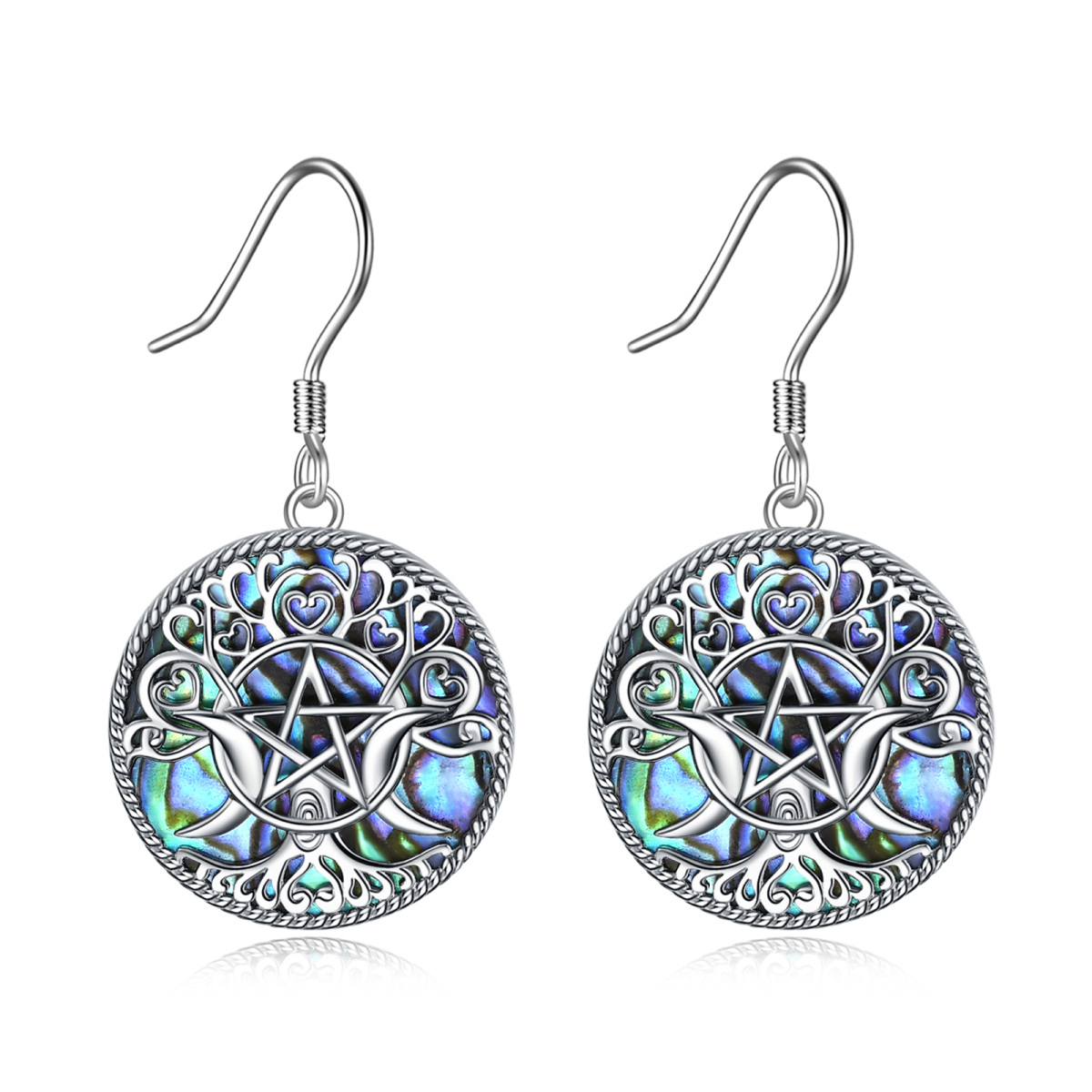 Boucles d'oreilles pendantes en argent sterling avec coquillages d'ormeau et déesse de la lune triple-1