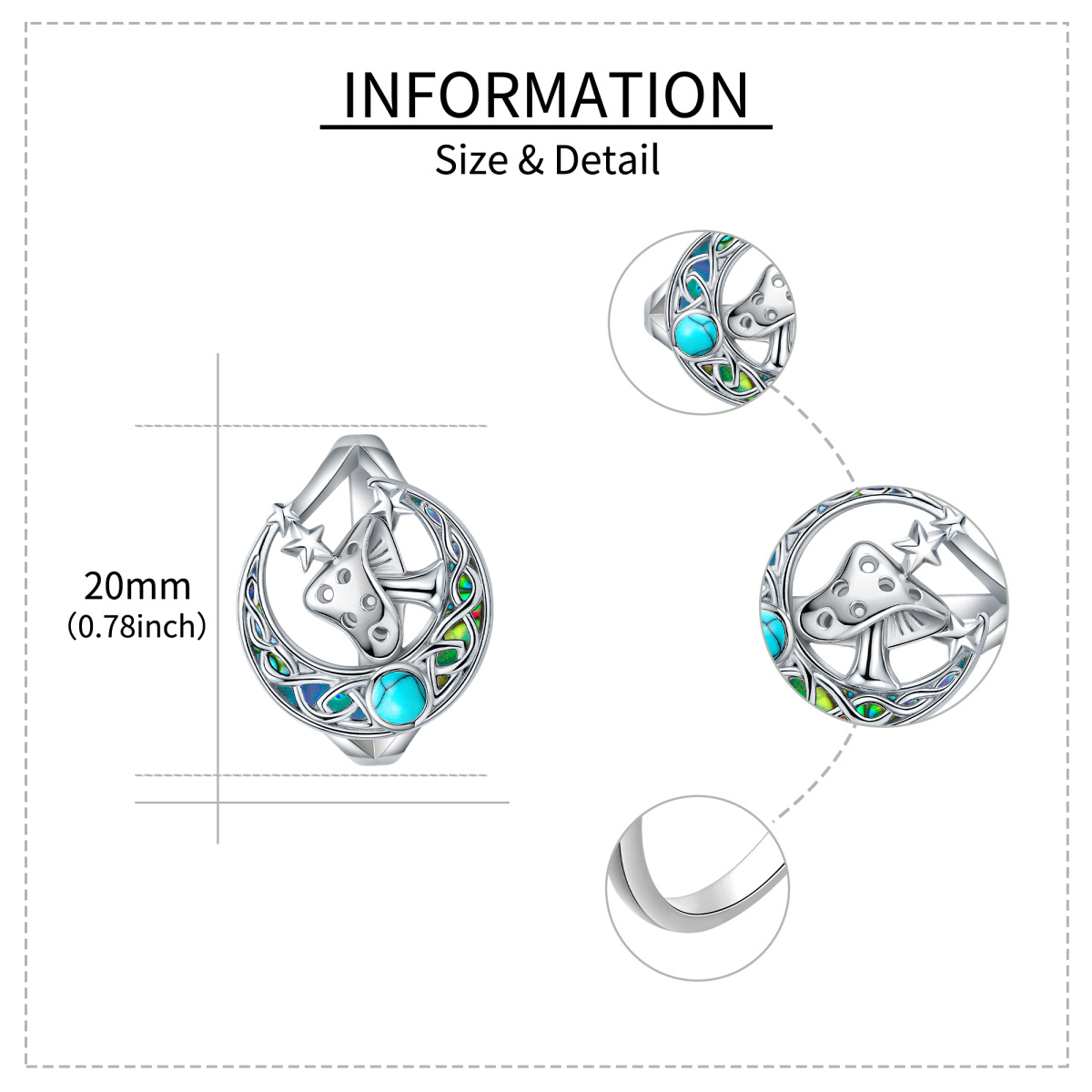 Sterling Silber Abalone Muschel Türkis Pilz Keltischer Knoten Mond Stern Ring-3