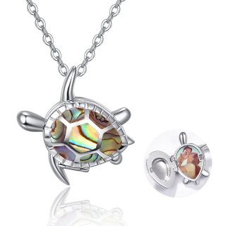 Sterling Silver Abalone Shellfish Turtle Personalized Photo Locket Necklace-46