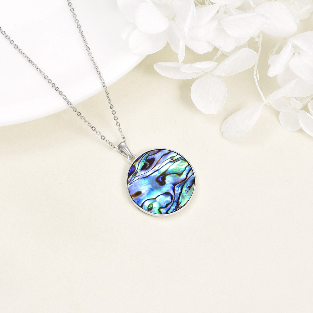 Colar de prata esterlina com pingente de moeda de runa Viking e marisco Abalone-4