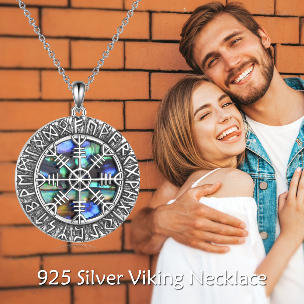 Colar de prata esterlina com pingente de moeda de runa Viking e marisco Abalone-6