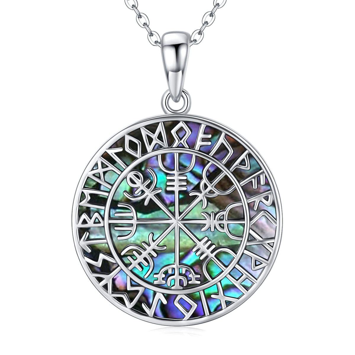 Sterling Silver Abalone Shellfish Viking Rune Pendant Necklace-1