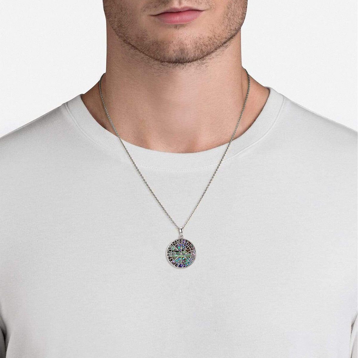 Sterling Silver Abalone Shellfish Viking Rune Pendant Necklace-3