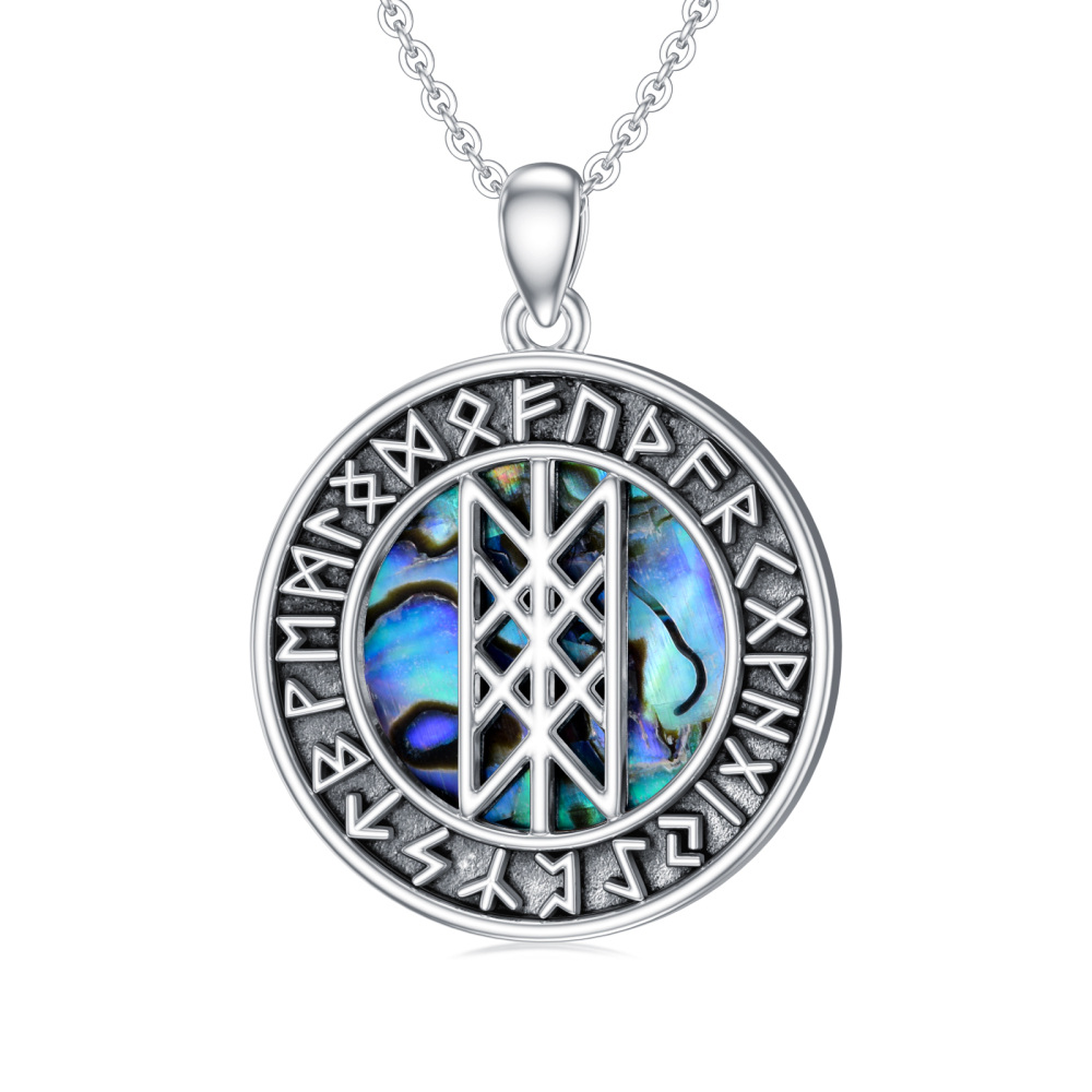 Sterling Silver Abalone Shellfish Viking Rune Pendant Necklace-1